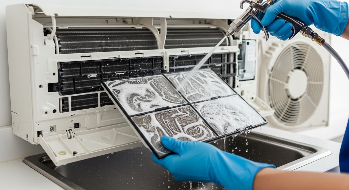 Klima temizliği İstanbul – teknisyen derin temizlik yapıyor